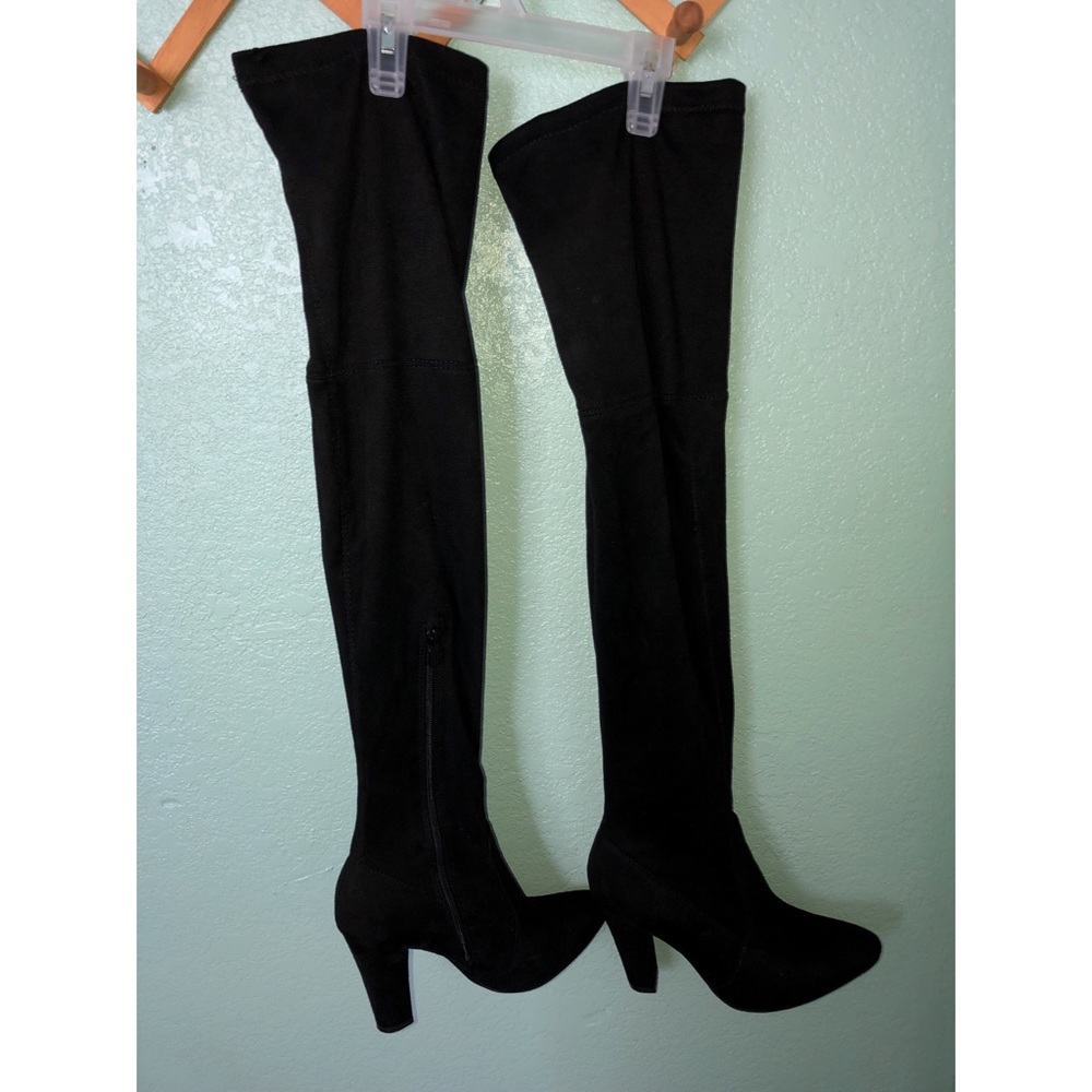 Thigh high faux suede heeled boots black
